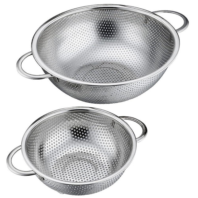 2-Piece Colanders (1 + 3 QT), P&P CHEF Stainless Steel Food Strainer with Handle, Micro-Perforated for Washing Rinsing Draining, Great for Pasta Fruits Vegetables, Dishwasher Safe & Non Toxic, Silver