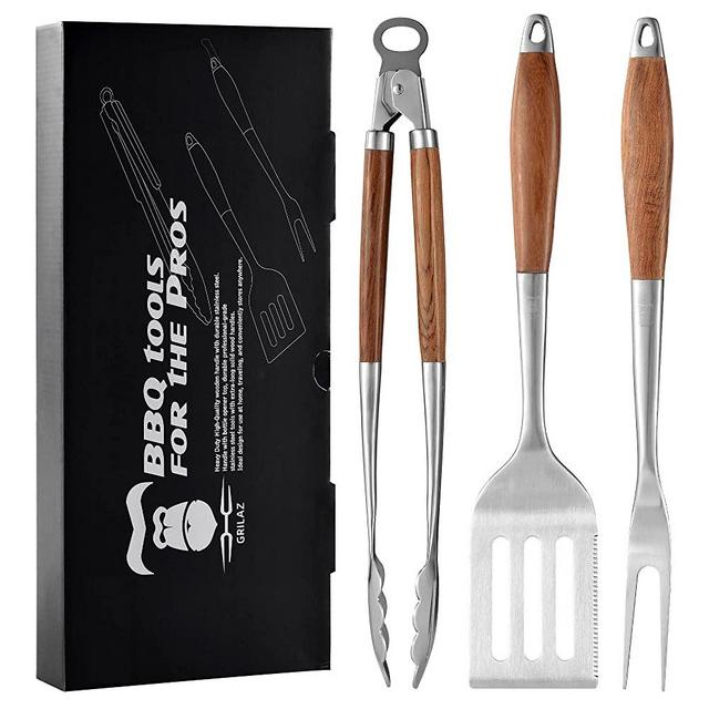 GRILAZ Heavy-Duty Rose Wooden BBQ Grilling Tools Set. Extra Thick Professional Stainless Steel Multi Function Spatula, Fork & Tongs Gift Box Best for Barbecue & Grill. 18 Utensils Outdoor Accessories