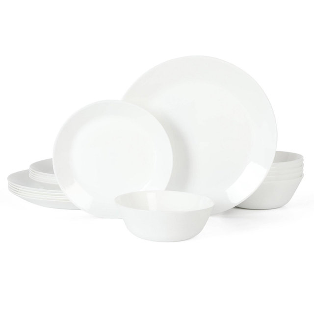 Martha Stewart Opalton 18pc Chip and Break Resistant Opal Glass Dinnerware Set: Solid White, Dishwasher-Safe, Service for 6