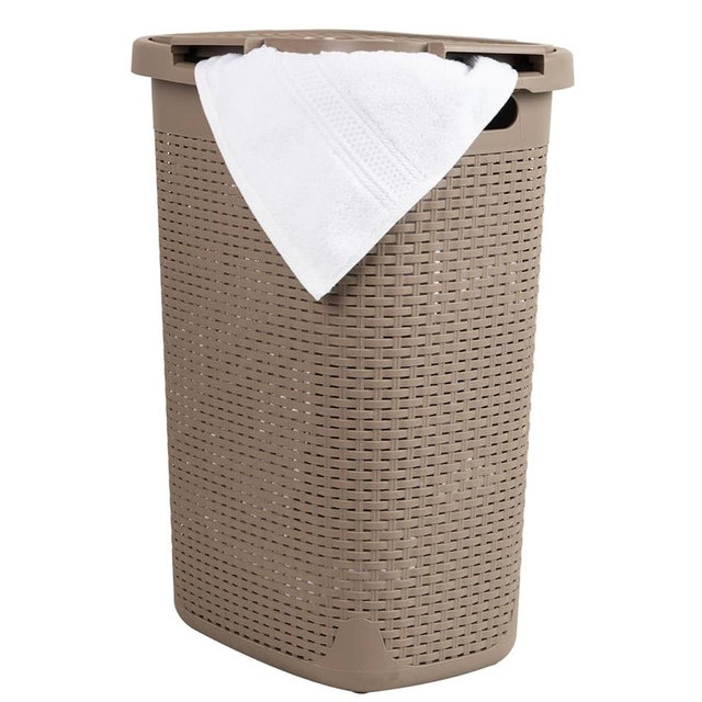 Mind Reader Slim Laundry Hamper with Lid, 60L Tall Clothes Basket, Narrow Tapered Design for Bathrooms, Closets and Laundry Rooms, Plastic, Tan