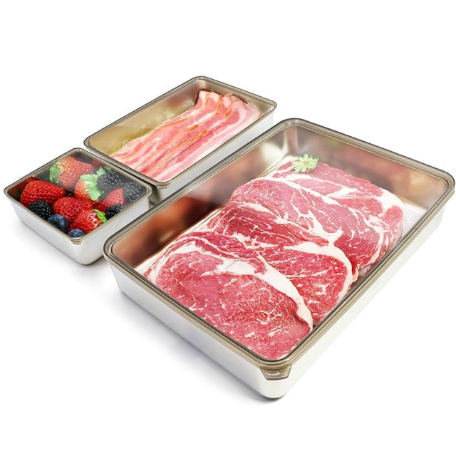 SEARART stainless steel containers with lids stainless steel food containers refrigerator organizers and storage:3 PCS deli meat container for fridge，bacon storage container for fridge
