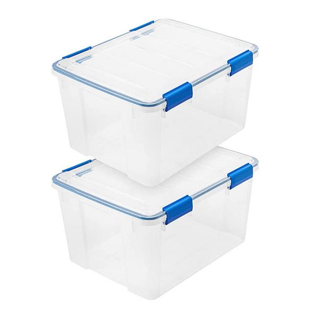 IRIS USA 44 Quart WeatherPro Plastic Storage Bin Tote Organizing Container with Durable Lid and Seal and Secure Latching Buckles, Clear With Blue Buckles, 44 Quart - 2 Pack