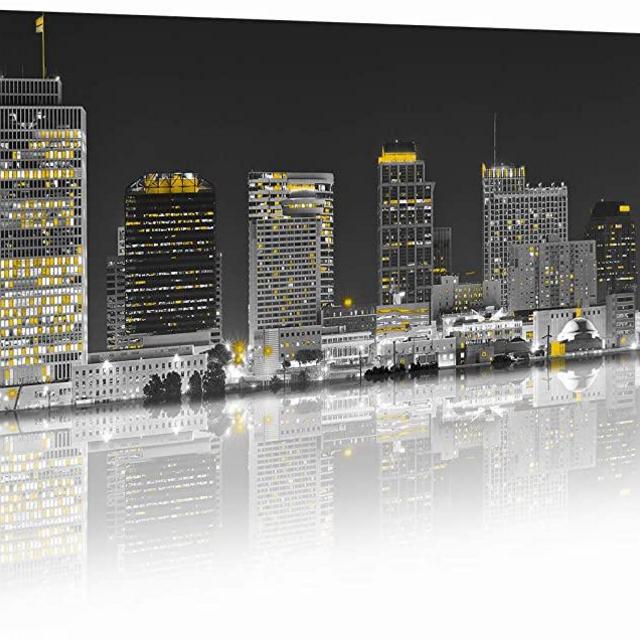 JiazuGo - Nashville Cityscape Wall Art Black and White Yellow Panoramic Skyline Nightscape Retro Decor Artwork Livingroom Office Decoration Painting Prints on Canvas Stretched and Framed Ready to Hang