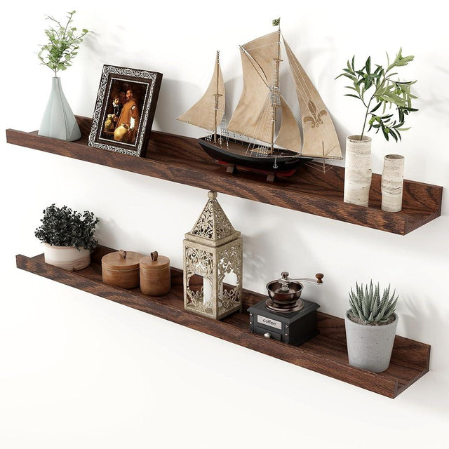 Axeman Oak Picture Ledge Shelf, 36 Inch Floating Shelves Set of 2, Solid Oak Wood Wall Shelves with Lip, Wall Decor Storage for Bedroom Living Room Bathroom Kitchen Nursery Photo Picture, Walnut