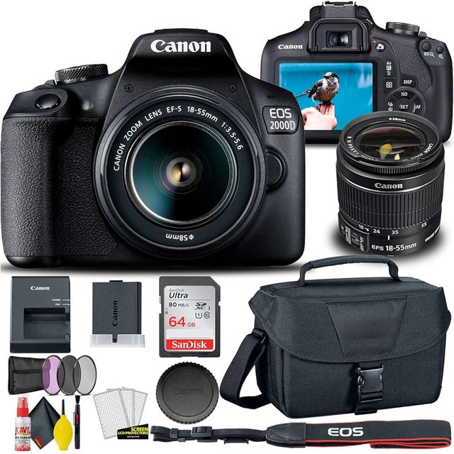 Canon EOS 2000D / Rebel T7 DSLR Camera with 18-55mm Lens, Creative Filter Set, EOS Camera Bag, Sandisk Ultra 64GB Card, 6AVE Electronics Cleaning Set, and More (International Model) (Renewed)