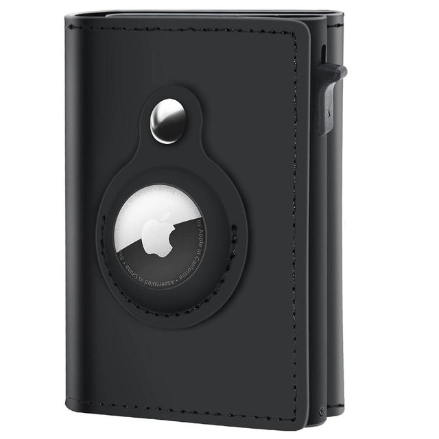 GAOCHALE AirTag Wallet Genuine Leather Air Tag Wallet RFID Technology Credit Card Holder with Minimalist Wallet for Men for Apple AirTag (No Airtag Included)(Black)