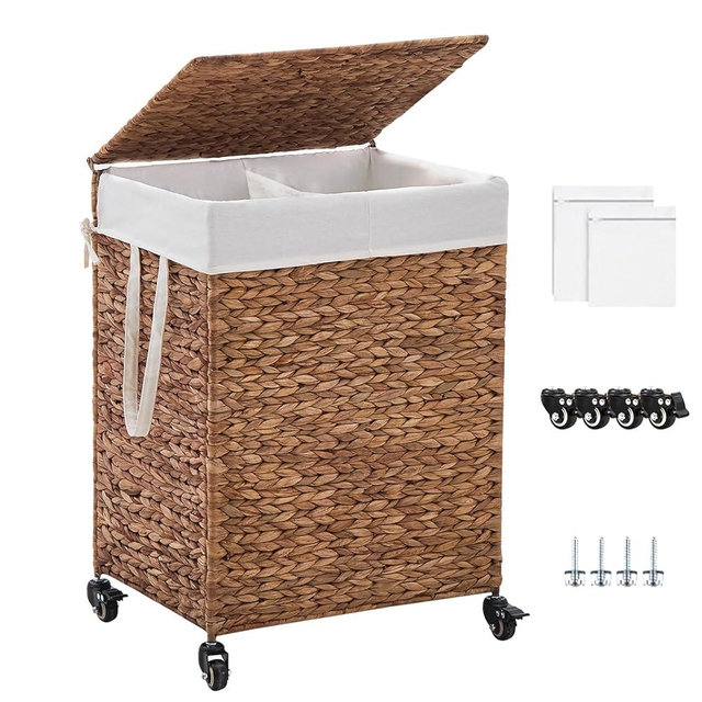 LGENHOOM 2-Section Laundry Hamper with Lid, Large Capacity Woven Natural Water Hyacinth Laundry Sorter with Removable Liners, Rolling or Non-Slip Design for Bedroom (Espresso, 2-Section)