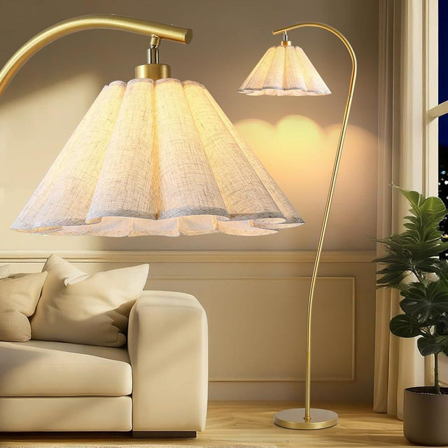Omlaamy Floor Lamp with Pleated Linen Lampshade, Modern Flower Floor Lamp for Living Room Arc Standing Lamp, Gold Tall Lamp for Bedroom Office Dining Room, Bulb Included (Gold + Flax Color, 66.1IN)