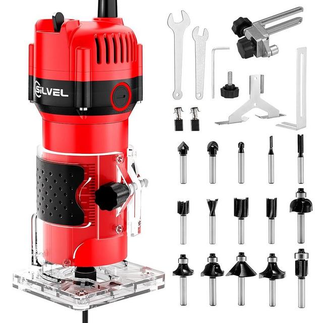 SILVEL Wood Router, 800W Wood Routers for Woodworking, 6.5Amp 1.25HP Hand Wood Router Tool, 30000R/MIN Compact Edge Trimmer with 15 1/4" Router Bit Set, Red