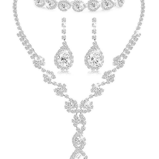 LOYALLOOK Bridal Rhinestone Teardrop Statement Necklace Bracelets and Dangle Earrings Jewerry Sets for Proms Weddings