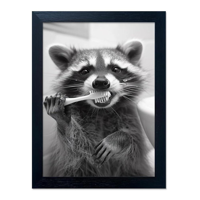 Raccoon Bathroom Art Wall Decor Black And White Animal Picture Funny Raccoon Brushing Teeth Art Farmhouse Framed Prints Painting