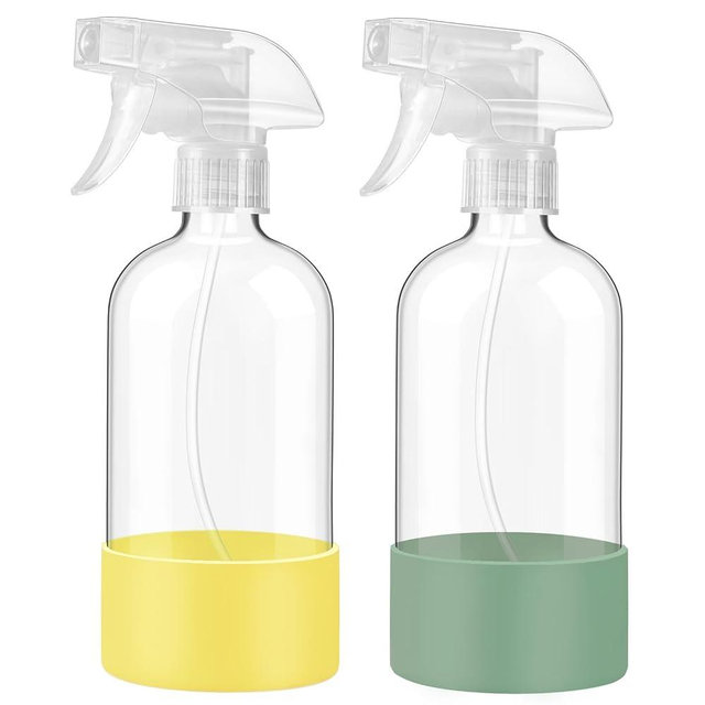 JohnBee Glass Spray Bottles with Silicone Sleeve, 2 Pack16 oz Empty Refillable Containers with Adjustable Nozzles, Spray Bottles for Hair, Cleaning Solutions and Plants, Olive Green&Yellow