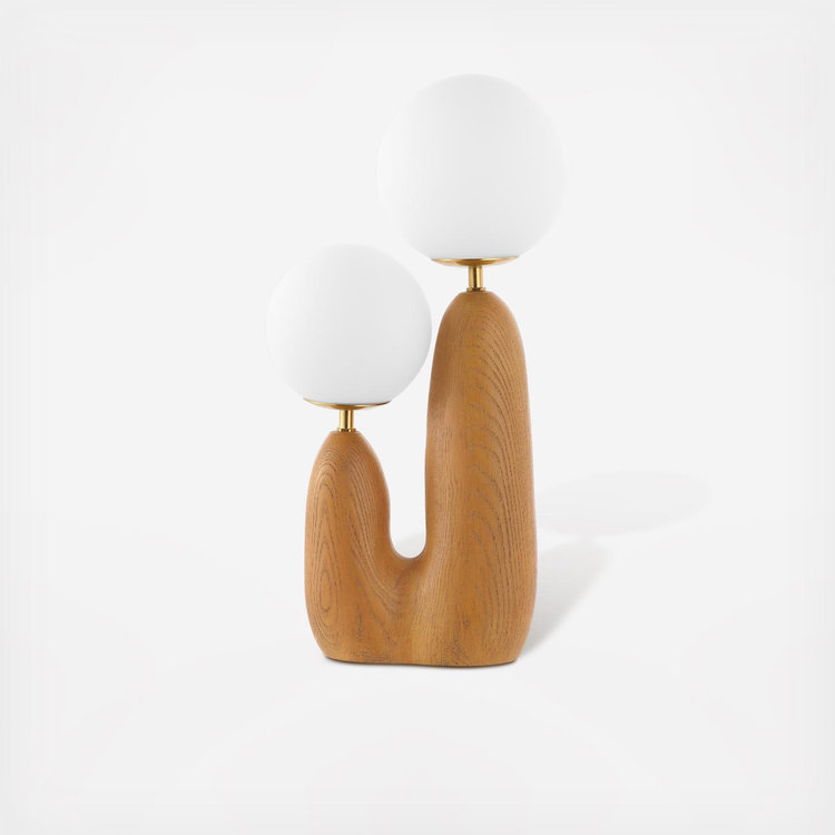 JONATHAN Y Oda 17.75 in. 2-Light Modern Bohemian Resin/Iron/Frosted Glass Danish Cactus LED Table Lamp, Brown Wood Finish