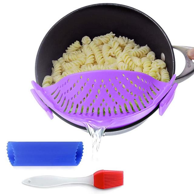 The Original Universal Snap-On Strainer for Pot & Pans (with a basting brush and garlic peeler) by Salbree (Purple)