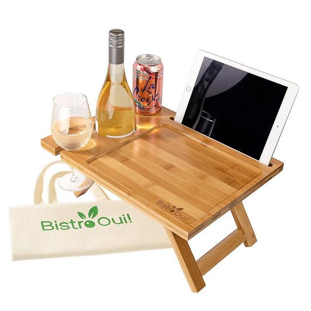 Bistro Oui! Portable Wine Table, a Folding Mini Picnic Snack Tray for the Beach, Camping, RV, Outdoor Concerts, Breakfast in Bed or Before the Fire