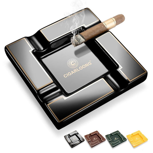 Cigar Ashtray Ceramic Large 7.8", Ashtrays for Outdoors Patio Outside Indoor Home, Ash Tray with 4 Rest Holders,Cigar Accessories Gifts for Men (Black)