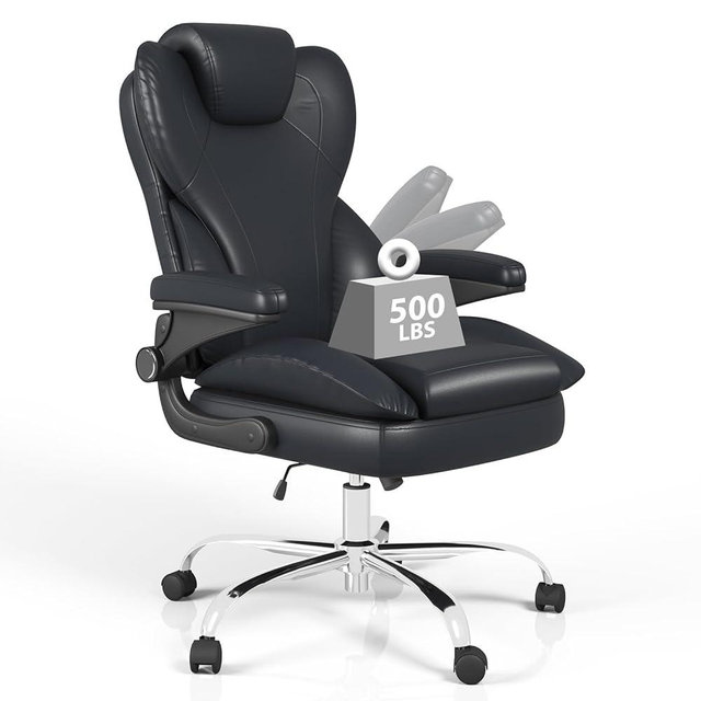 Office Chair, Home Desk Chair, Ergonomic Computer Chair with Lumbar Support, Executive Leather Chair with Flip-Up Armrests, Big and Tall Swivel Rolling Chair, PU Leather, Black