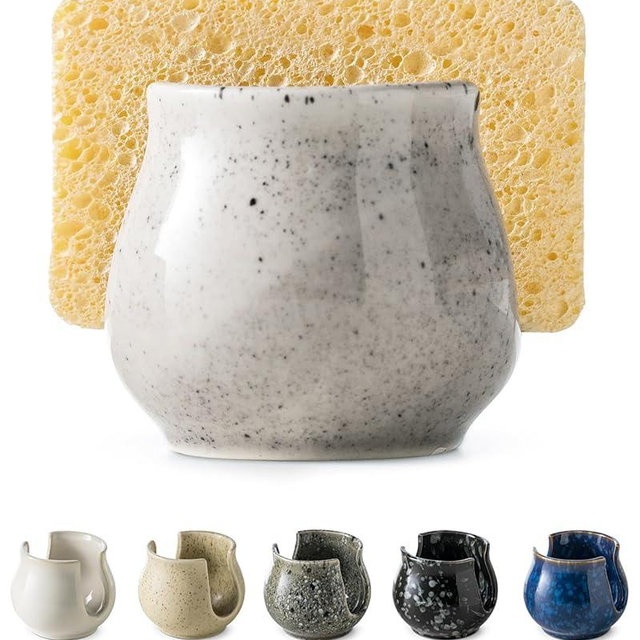 Zoeeker Sponge Holder for Kitchen Sink, Ceramic Dish Sponge Drying Caddy Sponge Rack Kitchen Organizer Cute Kitchen Accessories for Sink Counter, Speckled Glaze