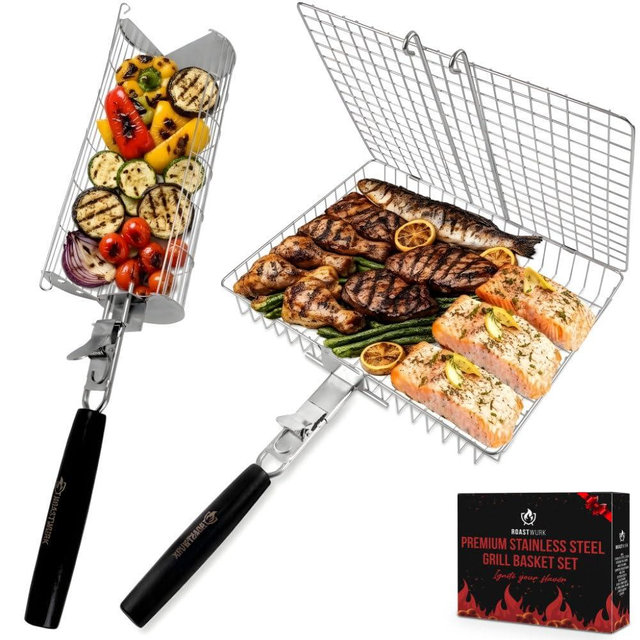 ROASTWURK's Bbq Grill Basket Set For Meat Fish Vegetables Stainless Steel 304 Barbecue Bbq Grilling Accessories Gifts For Men, Removable Wooden Handle Tool Shrimp Outdoor Cooking Camping Tailgating
