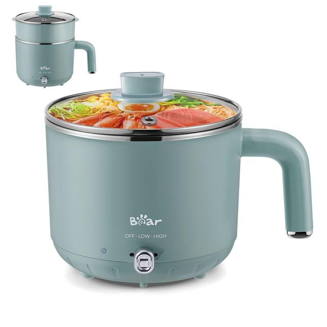BEAR Hot Pot Electric with Steamer, Electric Ramen Cooker, Electric Pot for Noodles, Shabu Shabu, Egg, Dumplings, Soup, Porridge, Oatmeal with 2 Power Setting, Over-HeatingBoil Dry Protection, 1.2L