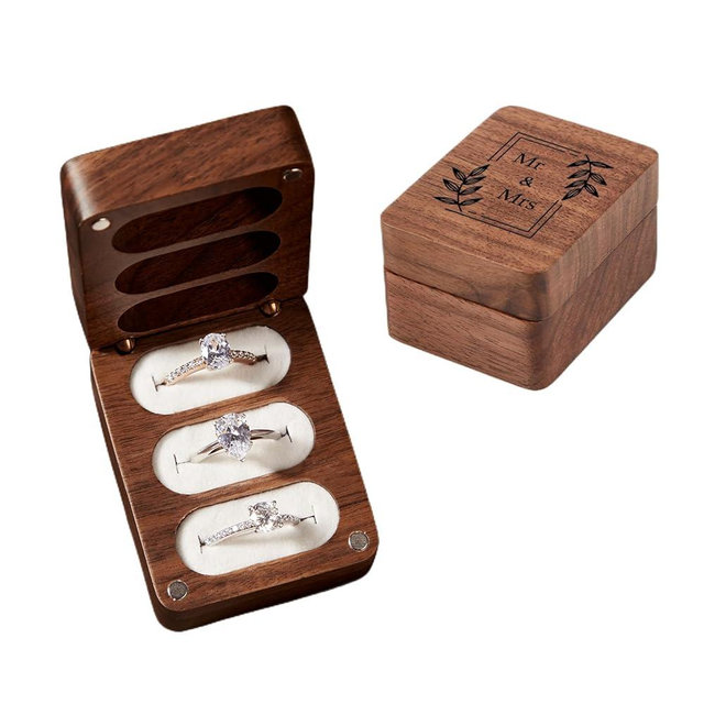 Mr & Mrs Ring Box 3 Slot for Wedding Ceremony Engagement Birthday Ring Bearer Box Walnut Wooden Ring Box Engrave Wedding Ring Box- White Lining
