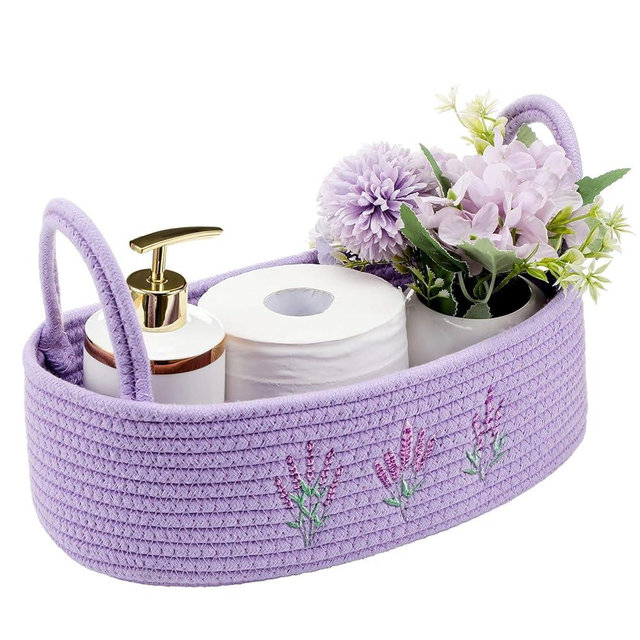 Vesici Storage Basket for Toilet Tank Top Lavender Purple Woven Cotton Rope Bathroom Countertop Toilet Paper Basket with Handle Boho Bathroom Decor for Organizer Nursery Toys 13 x 6 x 4 Inch