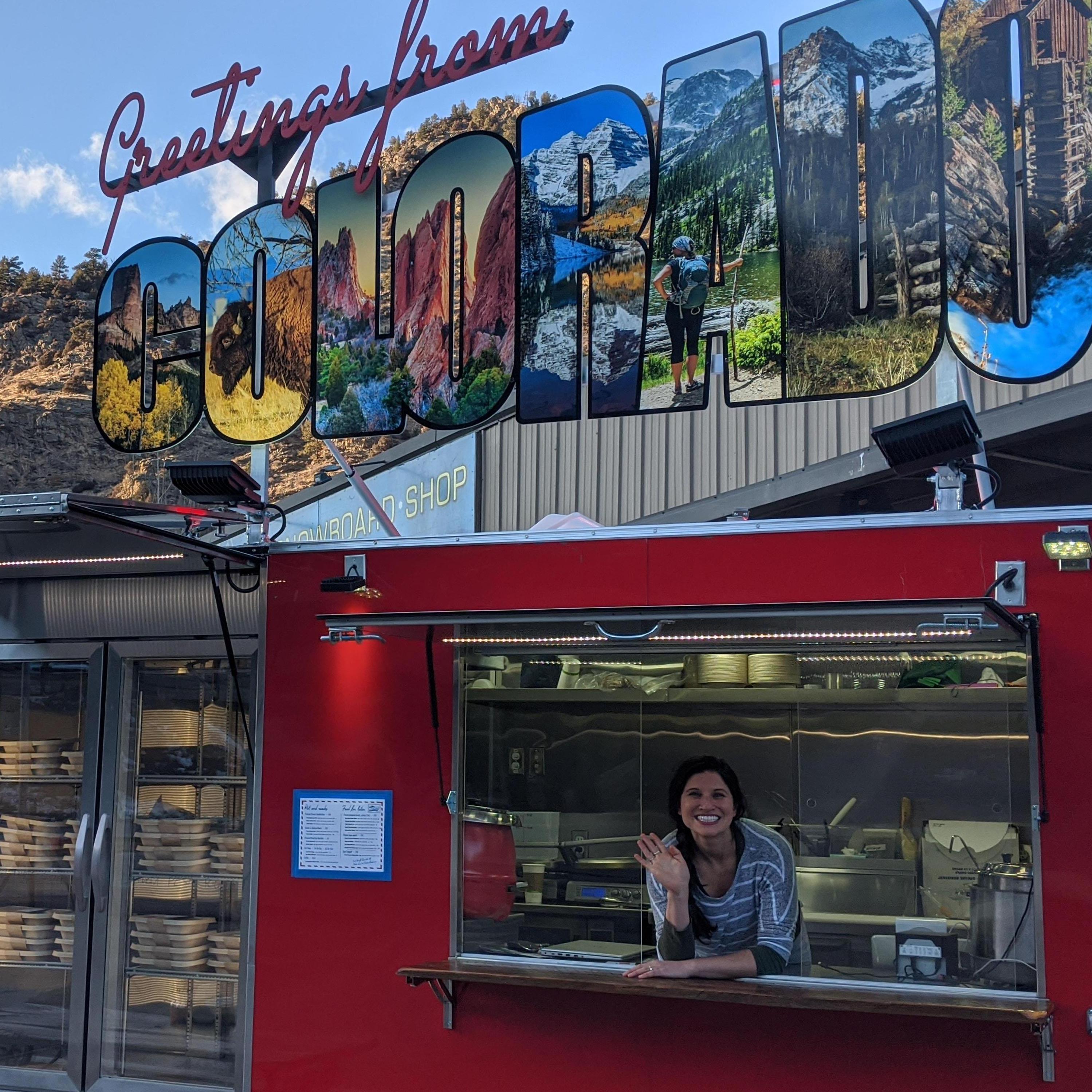 Bridget at our food trailer, Postcard Foods