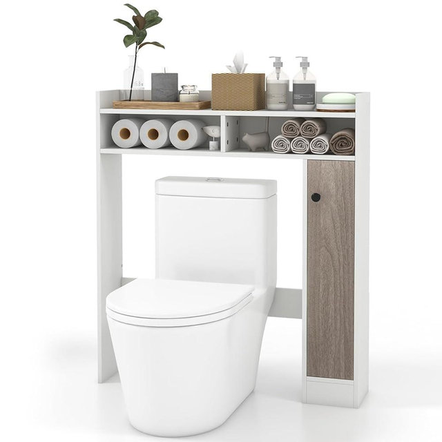 Giantex Over The Toilet Storage Cabinet, Freestanding Bathroom Organizer w/Single Door Cabinet & Open Shelves, Space-Saving Toilet Rack w/Adjustable Shelves for Laundry Room (White)