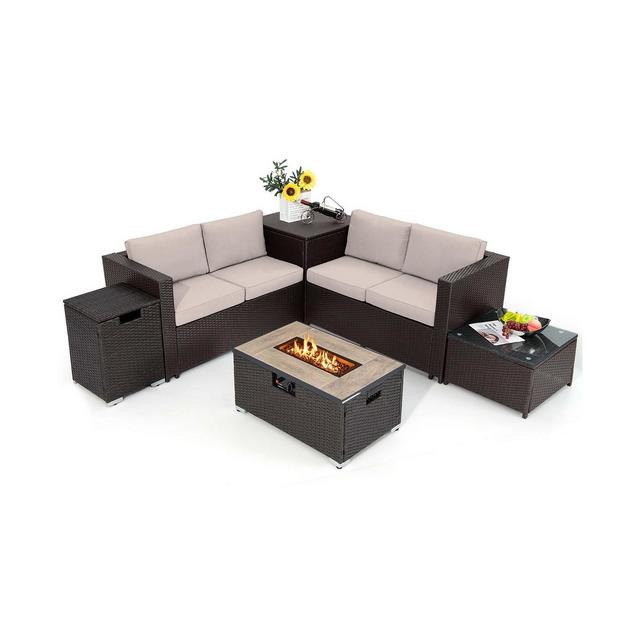 6PCS Patio Rattan Furniture Set 32'' Fire Pit Table Tank Holder with Cover