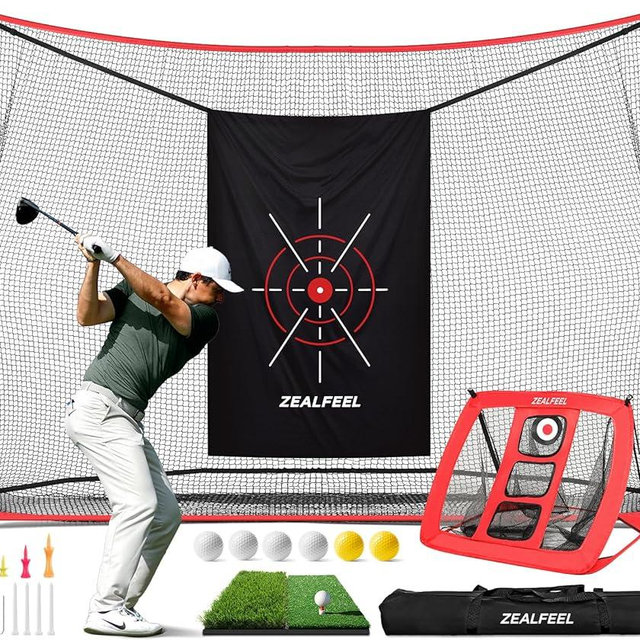 ZEALFEEL Golf Net, 10x7ft Practice Net with Chipping Net, Foldable Mat, Silk Target, 8 Tees, 6 Balls, Carry Bag, Golf Hiting Nets for Backyard Driving Chipping Indoor Outdoor Use