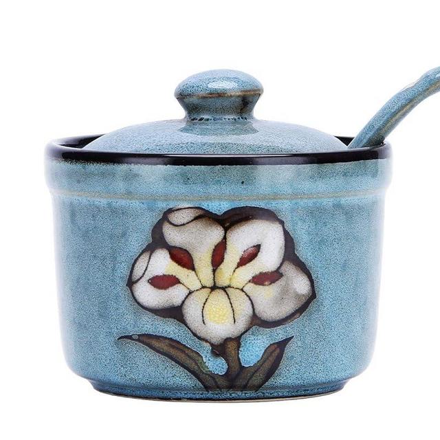 VanEnjoy Retro Hand Painted Flower Ceramic Round Sugar Spice Containers Porcelain Jar with Spoon Round Condiment (blue)