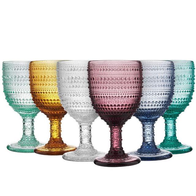 MESHA Beaded Goblet Colored Water Glasses 11 oz Dewdrop Heavy Base Glasses Set, 325 ml Wine Glasses, Set of 6