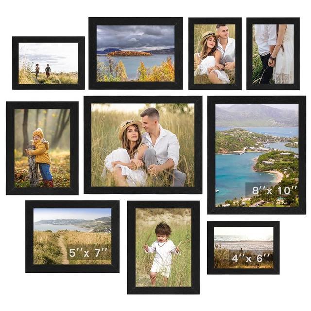 Rexllon Black Picture Frames Collage Wall Decor 10 Pack, Gallery Wall Frame Set for Wall Mounting, Multi Sizes Including 8x10, 5x7, 4x6 Family Photo Frames