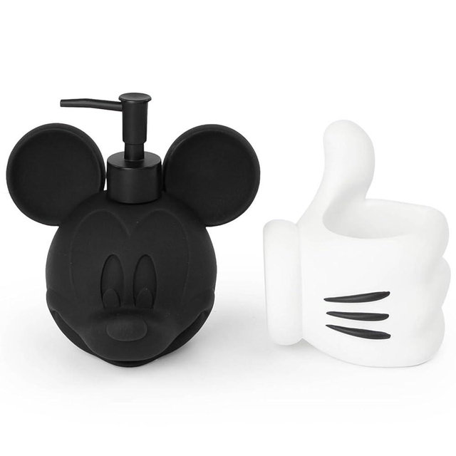 Disney Mickey Mouse Bathroom Soap Dispenser Set - 2 Piece White and Black Collection Includes Resin Lotion Pump and Tumbler Cup - Bathroom Décor