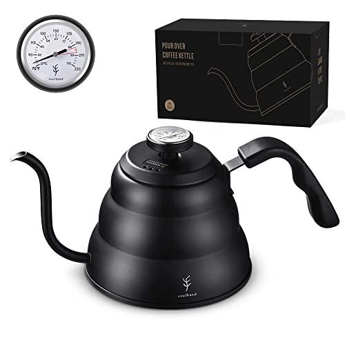 Soulhand Pour Over Coffee Kettle with Built-In Thermometer with Gooseneck Spout Stainless Steel Stovetop Coffee Tea Pot Support Stove and Fire -34oz/1000ML Black