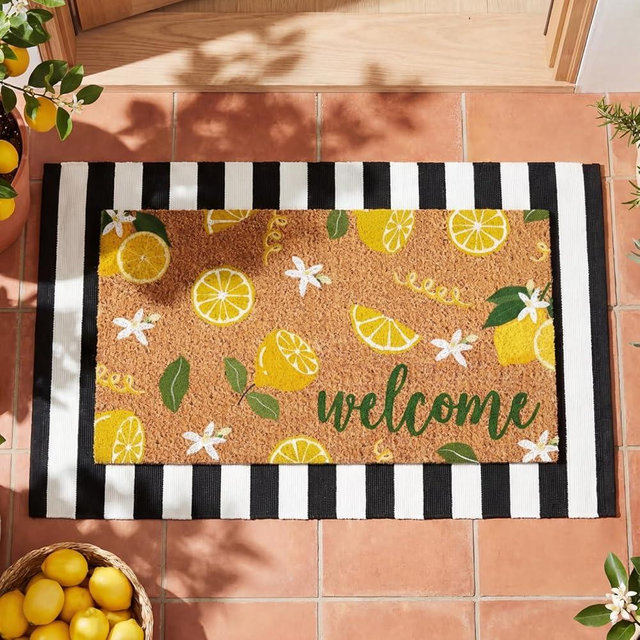 Moucuny 2 Pcs Lemon Coir Doormat Summer Lemon Style Coir Welcome Mats Spring Non Slip Floor Mats Black and White Stripe Rugs for Indoor Entrance Door Mat Porch Front Decor