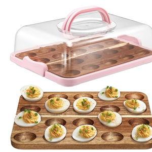Baderke Easter Acacia Wood Deviled Egg Platter with Lid Base 20 Holes 12 x 8.5 Inch Round Deviled Egg Tray Reversible Charcuterie Board Wooden Egg Holder Serving Egg Container for Countertop(Pink)