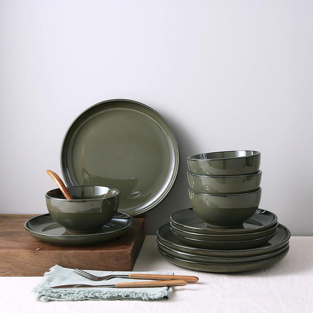 Pokini 24 Piece Dinnerware Set for 8, Santorini Mist Terracotta Plates and Bowls Sets, Complete Stoneware Dish Set for Large Families and Entertaining, Microwave & Dishwasher Safe, Blackish Green