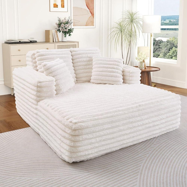 Oversized Chaise Lounge Indoor, Modern Plush Faux Fur Fabric Deep Seat Boneless Memory Foam Sleeper Chaise Lounge Sofa Chair with Pillows for Living Room Bedroom Studio, No Assembly Couch, Beige