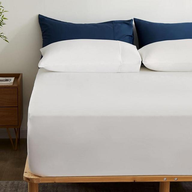 GOKOTTA Bamboo Rayon Fitted Sheet and Pillow Cases, Super Soft Cooling Fitted Sheet with 4 Elastic Corner Straps - 15" Pocket Fitted Sheet Full Set Stay Put for Mattress