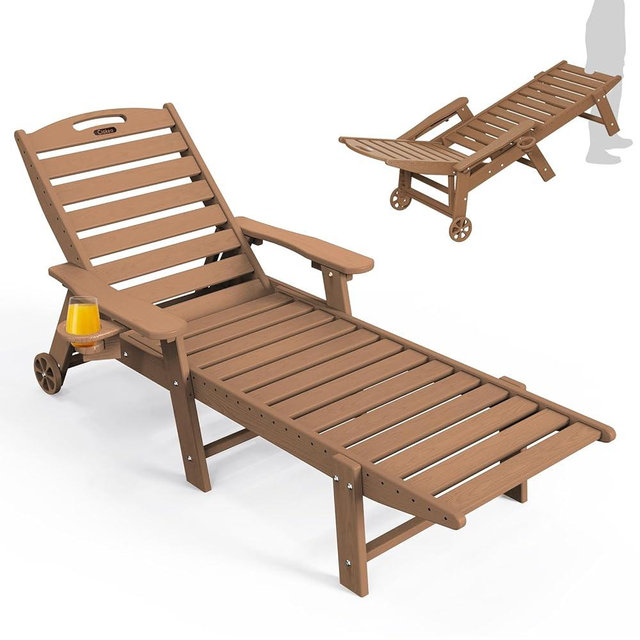 Ciokea Lounge Chair Outdoor, Oversized Chaise Lounge Chair with 5 Positions, HDPE, Patio Lounge Chair with Wheels & Cup Holder for Pool, Deck, Poolside, Teak