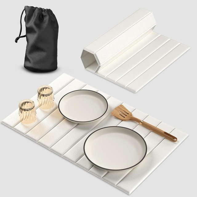 Large Dish Drying Mat for Kitchen Counter Foldable, 25"x16"Absorbent Water PU Leather with Diatomaceous Earth Mat, Quick Drying Mat for Bathroom (White)