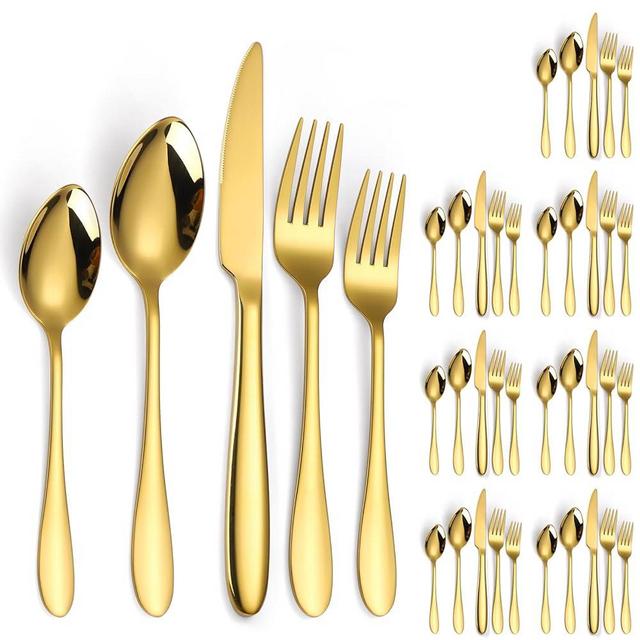 A · HOUSEWARE Gold Silverware Set for 8 Stainless Steel Flatware 40 Pieces Forks Knives and Spoons Heavy Utensils Thick Handle for Restaurant Parties Formal Occasions Everyday Use