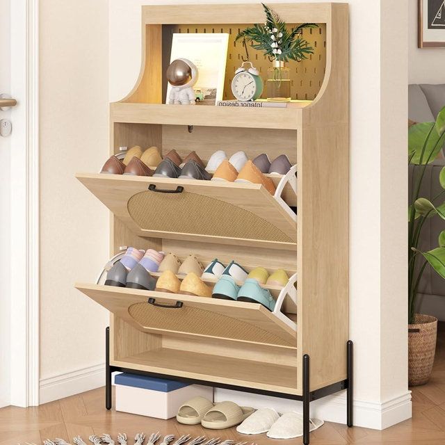 Gadroad Rattan Shoe Cabinet with 2 Semi Circle Flip Drawers, Multifunctional Shoe Organizer with Pegboard and Sensor Light for Entryway, Living Room and Bedroom (Natural)