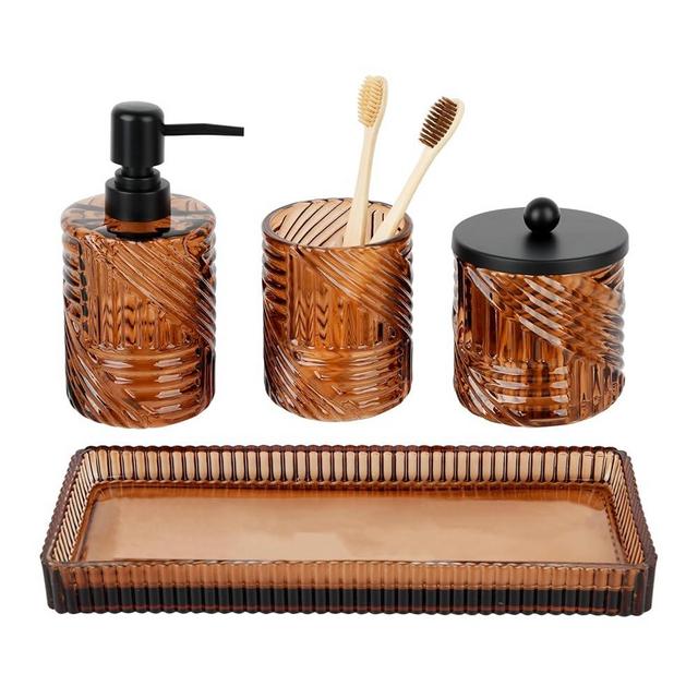 Bathroom Accessories Set,4 Pcs Amber Glass Bathroom Accessories Sets Complete with Lotion Soap Dispenser,Toothbrush Holder,Qtip Holder Dispenser and Vanity Tray,Bathroom Countertop Vanity Organizer