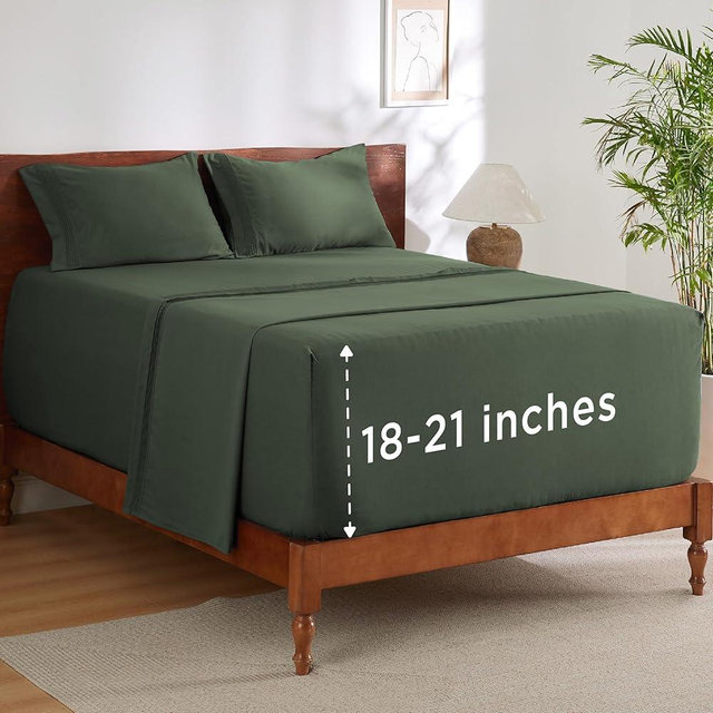 Bedsure Deep Pocket King Sheet Set - Fits Mattresses Up to 21 Inches Thick - 4 Piece GentleSoft Bed Sheets, Moisture Wicking, Soft & Cooling Bedsheet & Pillowcases, Easy & Secure Fit, Olive Green