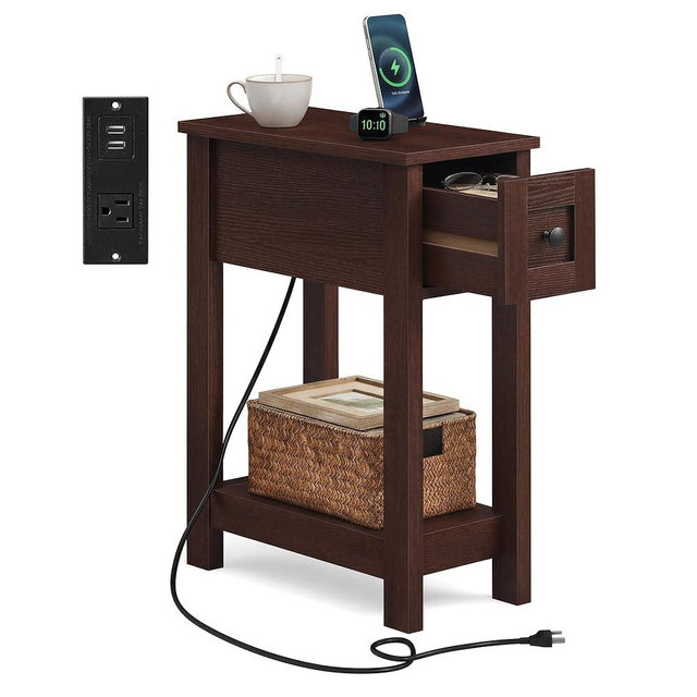 VASAGLE Farmhouse End Table with Storage Drawer, Narrow Side Table with Charging Station, Nightstand, Easy Assembly, for Living Room, Bedroom, Saddle Brown ULET328K01