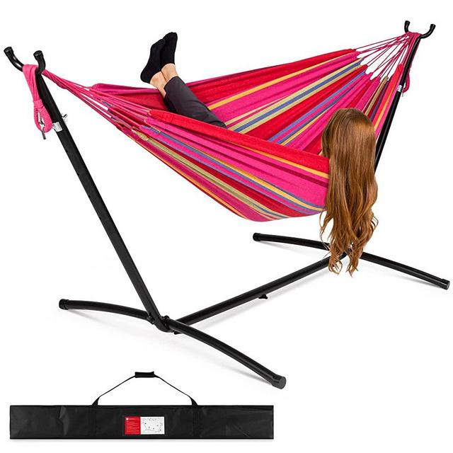 Best Choice Products 2-Person Double Hammock with Stand Set, Indoor Outdoor Brazilian-Style Cotton Bed for Backyard, Camping, Patio w/Carrying Bag, Steel Stand, 450lb Weight Capacity - Paradise