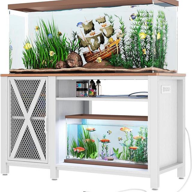 DWVO Heavy Duty Metal Aquarium Stand with Power Outlets, Cabinet for Fish Tank Accessories Storage - Suitable for 55-75 Gallon Fish Tank Stand, Turtle Tank, 860LBS Capacity, White & Walnut