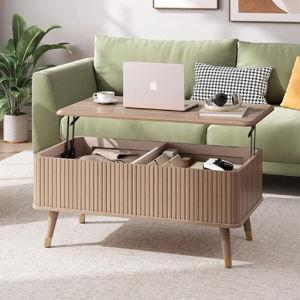 Lift Top Coffee Table with Storage, Mid Century Modern Coffee Table with Solid Wood Legs, 38" Minimalist Fluted Center Table for Living Room, Home Office, Natural Oak
